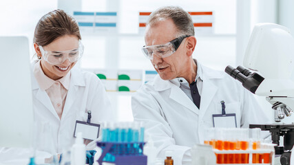 close up. scientists work in the laboratory for blood research.