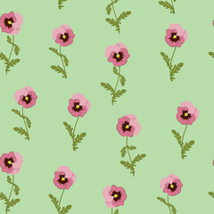 Seamless pattern with pink pansy flowers on a green background. Vector illustration.