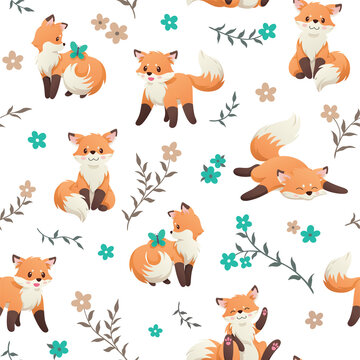 Cute seamless pattern with a little fox, butterfly and flowers. Hand Drawn vector illustration. Wrapping paper pattern. Background with vector cartoon elements.