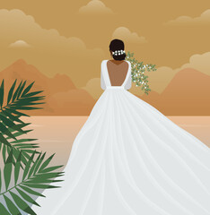 Digital illustration of a beautiful girl in a white evening dress posing against the backdrop of a nature landscape with flowers in her hands