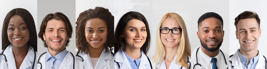 Diverse Doctors Portraits In Collage, Happy Medical Workers Headshots Row