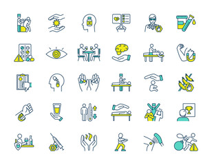 Alternative medicine RGB color icons set. Acupuncture session. Biofeedback. Energy healing. Electromagnetic therapy. Positive attitude. Hypnotherapy. Placebo effect. Isolated vector illustrations