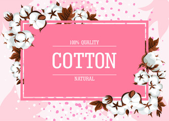 Vector horizontal illustration with cotton twigs and leaves. Banner for advertising textiles and packaging of products from natural fabrics. Premium quality textile label