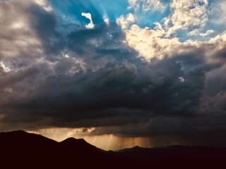 dim sunset below the clouds and lights above.