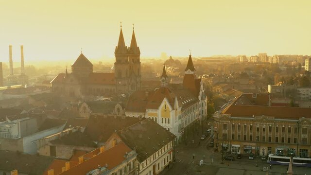 Aerial view of the Millennium Church with old and new buildings in Timisoara city - Romania; CCA. 2020 - during the COVID-19 pandemic.