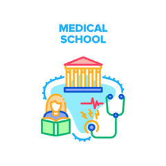 Medical School Vector Icon Concept. Medical School Building For Prepare Doctors And Nurses, Woman Student Education Research Heart Beat With Stethoscope And Reading Medicine Book Color Illustration