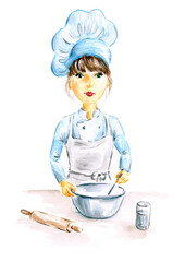 Smiling and happy female chef. Woman is cooking. Hand painted watercolor illustration.