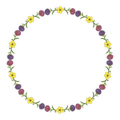 Round frame with pink and violet aster flowers and buttercups on white background. Doodle style. Vector image.
