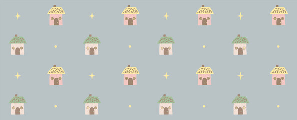 Vector seamless pattern in flat style. Many small houses. Print for children's clothes, bedding, wallpaper, postcards, posters. Background for the wall in a girl's or boy's room. Picture baby bedroom.
