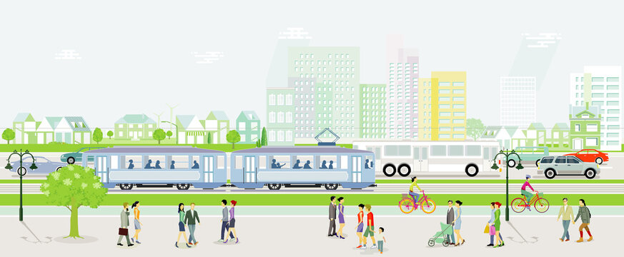 Stadtsilhouette mit Straßenbahn, Autos und Bus mit Menschen auf dem Bürgersteig, illustration