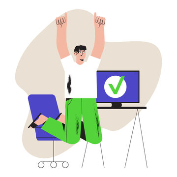 Vector ilustration of happy male worker or businessman completed task and triumphing with raised hands on his workplace. Successful well done work. Completed task concept for ui or web design.