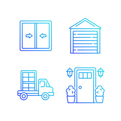 Replacement window opportunity RGB color icons set. Sliding windows. Construction material delivery. Entry doors. Thin line contour symbols bundle. Isolated vector outline illustrations collection