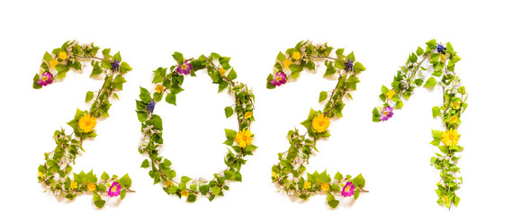 Flower, Branches And Blossom Letter Building Word 2021. White Isolated Background