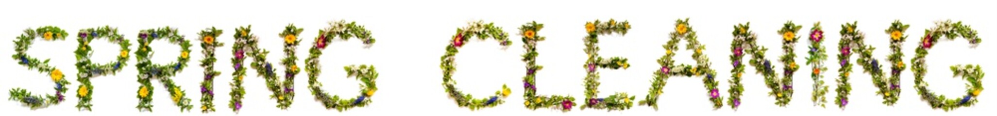 Flower, Branches And Blossom Letter Building English Word Spring Cleaning. White Isolated Background