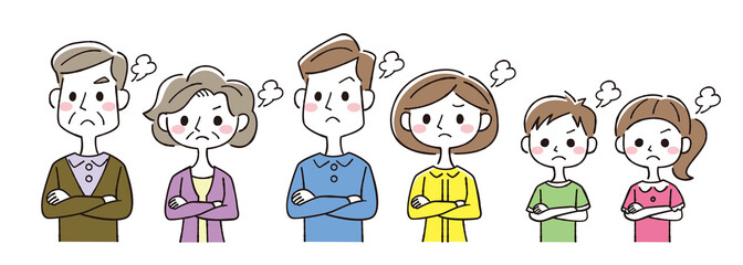 怒った6人家族の人物セット線画