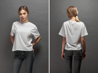 White T-shirt front and back view with space for your logo, mock up or design on woman over gray...