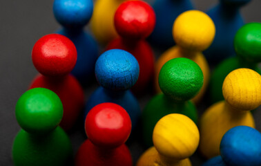 Team concept shown with multi color pawns closeup view