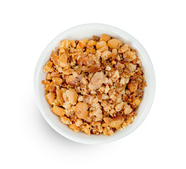 Fried ground peanuts in bowl isolated on white background ,include clipping path