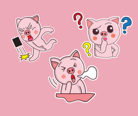 vector cartoon doodle character, cute pink pig sticker with various poses