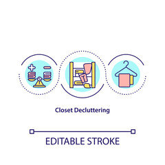 Obraz premium Closet decluttering concept icon. Quickly sort into seperate piles. Organize clothes seasonaly. Cleaning idea thin line illustration. Vector isolated outline RGB color drawing. Editable stroke