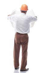 architect looking at the drawing. isolated on a white background
