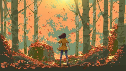 Cercles muraux Grand échec Jeune fille debout dans la forêt d& 39 automne, illustration vectorielle