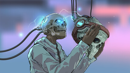 skull man wearing the futuristic virtual reality headset, vector illustration © grandfailure