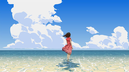 vrouw die op de zee staat en naar de zomerhemel kijkt, vectorillustratie