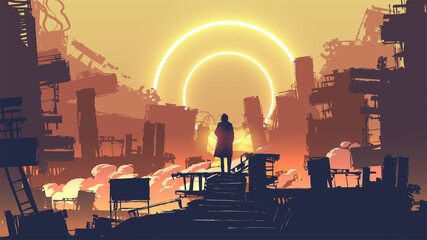 homme dans la ville dystopique debout sur le bâtiment en regardant les cercles lumineux lointains, illustration vectorielle