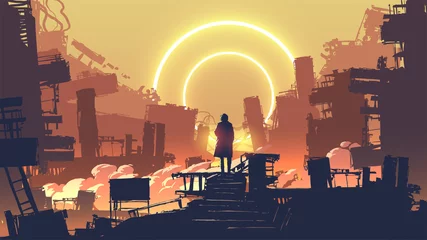 Wall murals Grandfailure man in the dystopian city standing on building looking at the distant light circles, vector illustration