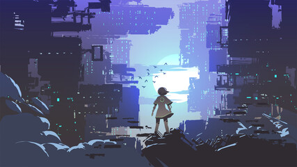 jeune fille debout et regardant la ville cyberpunk, illustration vectorielle