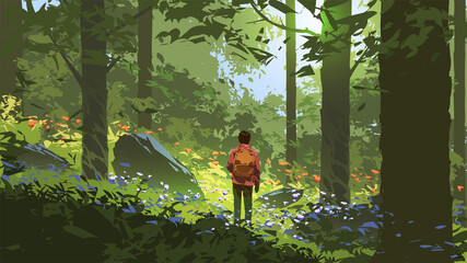 Abenteuer des jungen Mannes im tiefen Wald, Vektorillustration
