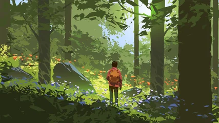 Selbstklebende Fototapete Großer Misserfolg Abenteuer des jungen Mannes im tiefen Wald, Vektorillustration