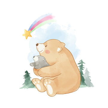 Cute Father and Son Bear sitting in the Wild Illustration 