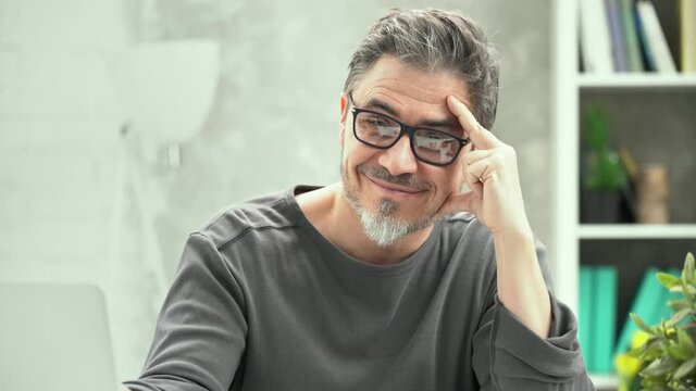 Portrait of man at home, looking at camera. Happy smile, grey hair, beard, glasses. Portrait of mature age, middle age, mid adult man in 50s.