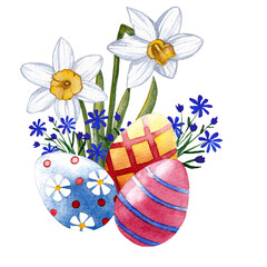 Composition with spring flowers and painted Easter eggs. Watercolor illustration isolated on white background.