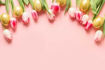 Easter greeting card with tulips, golden eggs on pink background with copy space.