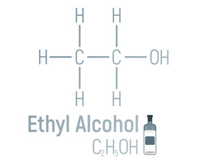 Ethyl spirit alcohol concept chemical formula icon label, text font vector illustration, isolated on white. Periodic element table, addictive drug.
