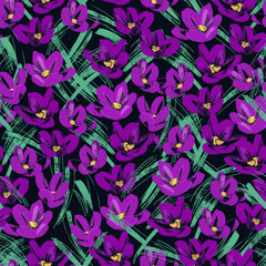 Floral design with violet crocuses Seamless illustration with spring blooming flowers