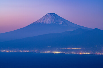 Mount Fuji and city view at sunset hour