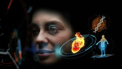 Close-up Medical Female which Analyzing Process Hi Tech Diagnostic Research in AR. Concept Future of Tech Scan of Disease in Scientific Diagram UI Elements. Sci-fi Ai Portrait of Person with Cyber HUD - Powered by Adobe