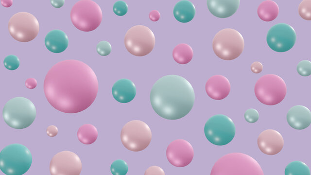 many pastel balls floating in the air, colorful bubbles on purple background, festive concept, 3d illustration