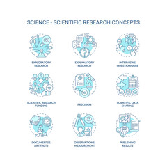 Science and scientific researching concept icons set. Scientific data sharing idea thin line RGB color illustrations. Scientific hypothesis. Vector isolated outline drawings. Editable stroke