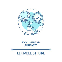 Documents and artifacts analysis concept icon. Information of antique objects idea thin line illustration. Qualitative researching. Vector isolated outline RGB color drawing. Editable stroke
