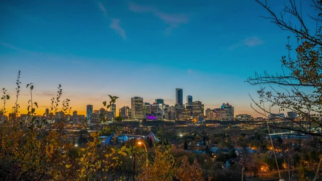 An amazing view of the Edmonton skyline during scenic sunset in 4K