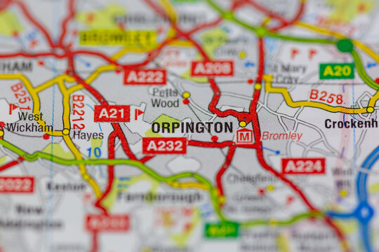 02-24-2021 Portsmouth, Hampshire, UK Orpington shown on a road map or geography map