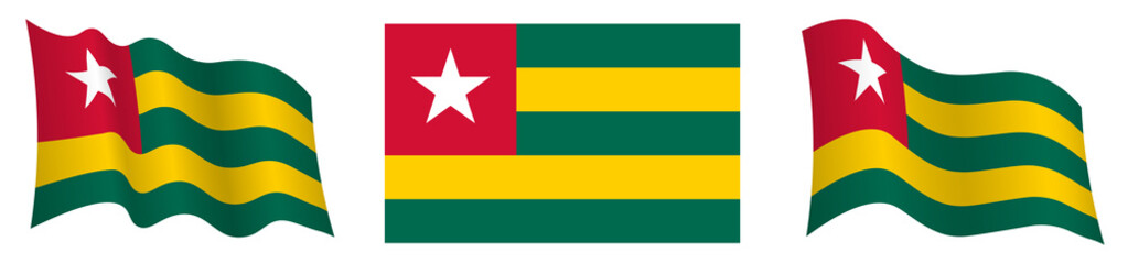 flag of Togolese Republic in static position and in motion, fluttering in wind in exact colors and sizes, on white background