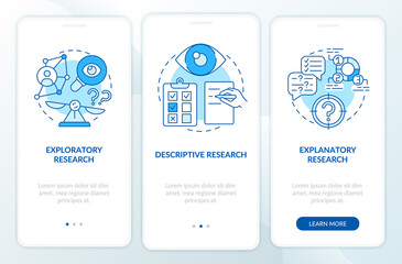 Fototapeta na wymiar Types of scientific research onboarding mobile app page screen with concepts. Experimentation walkthrough 5 steps graphic instructions. UI vector template with RGB color illustrations