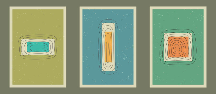 Art posters set with square, rectangle and spiral design. Art prints in contemporary, modern style. Art background, brochure cover, template. Vintage, retro, hipster theme. Art pattern, doodle.