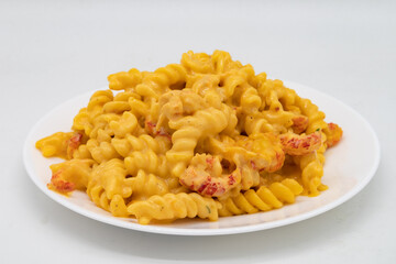 Creole Style Crawfish Macaroni and Cheese on a White Plate
